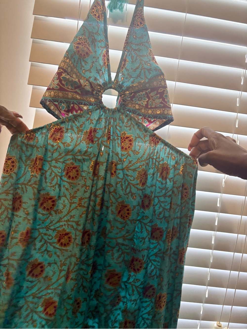 Turquoise Floral Print Backless Halter Maxi Dress with Ring Detail - Picture 2 of 10